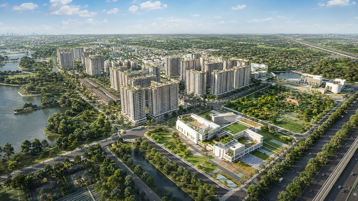 Phối cảnh trên cao khu căn hộ và trường học Evergreen Premium