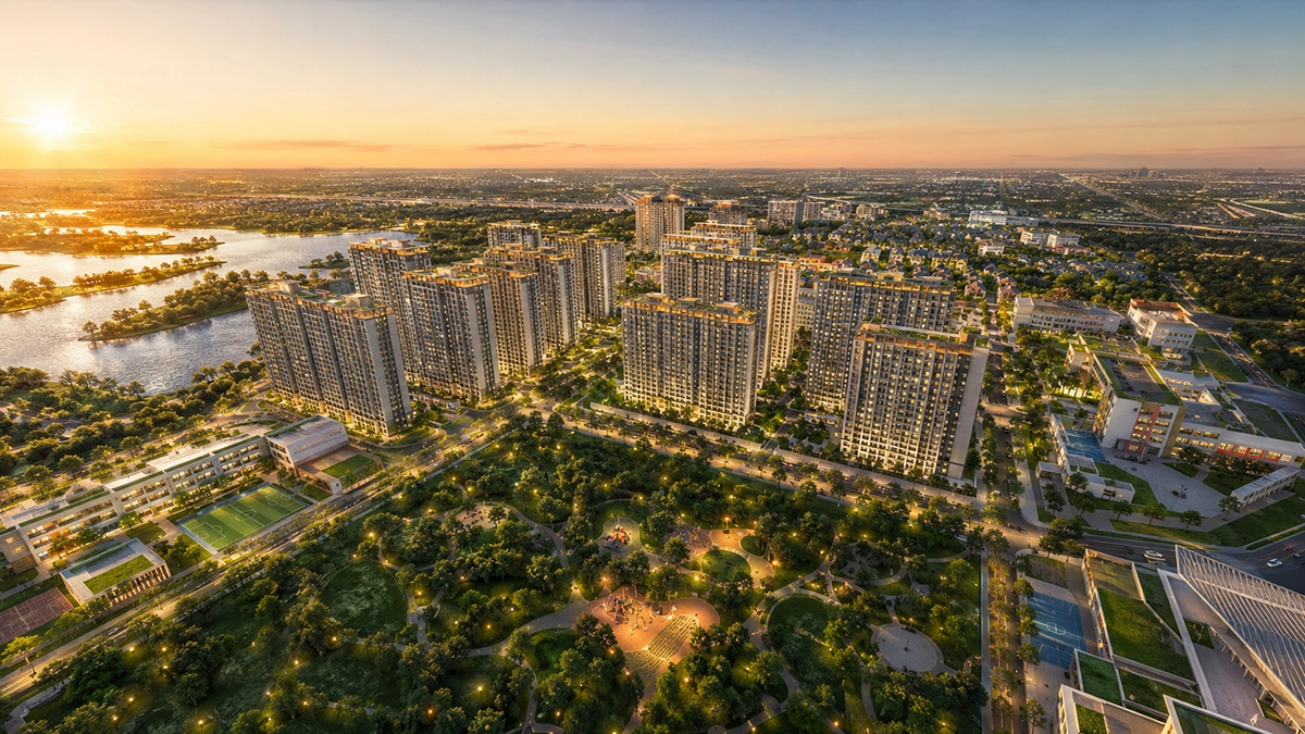Phối cảnh Evergreen Premium nhìn từ công viên vào lúc hoàng hôn