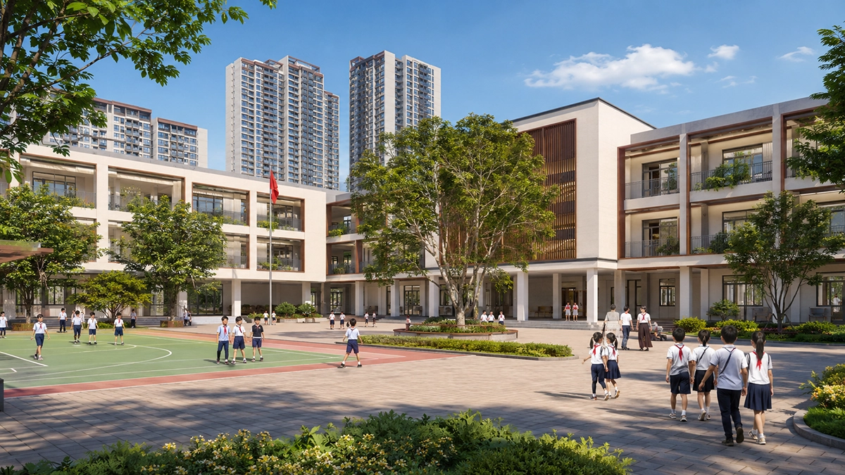 Phối cảnh trường tiểu học và sân thể thao tại Evergreen Premium